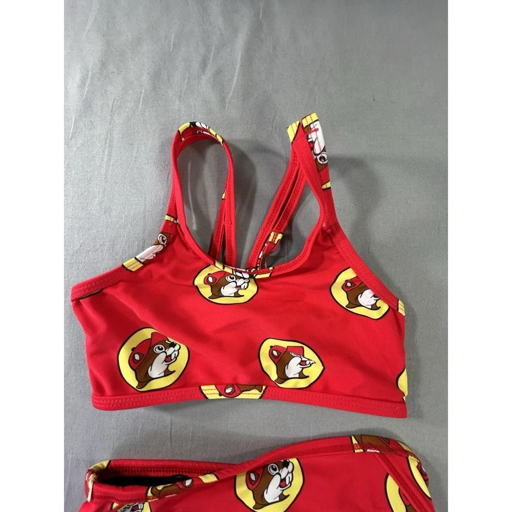 Buc-ee's Girls YXS Red Two-Piece Swimsuit All Over‎ Logo Beaver Print